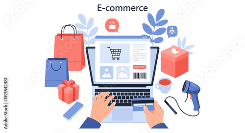 Modern E-commerce Concept Illustration: Online Shopping, Secure Digital Payments, and Retail Delivery Services via Laptop