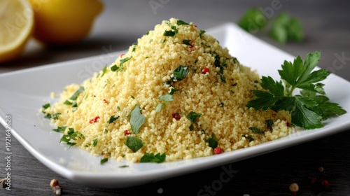 Close up of fluffy couscous mound on a square white plate