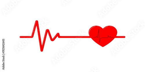 A vibrant red vector illustration featuring a medical heart symbol and a pulse line cardiogram represents love, life, and healthcare through a continuous ekg heartbeat monitor graph