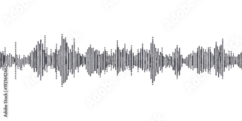 Abstract vector illustration featuring a blue digital sound wave spectrum integrated with silhouettes of a cable, a tree, and a city skyline background on a technological frequency backdrop