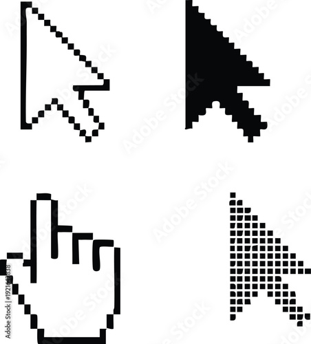 Retro Computer Cursor Icon Set, Pixelated Mouse Pointer and Hand Graphics, 8-Bit Digital Navigation Symbols, Classic UI Pointer Silhouette Collection, vector, illustration, silhouette.