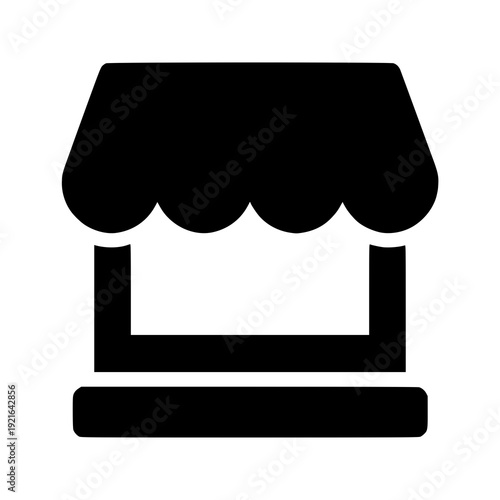 Simple black and white illustration of a small storefront with an awning