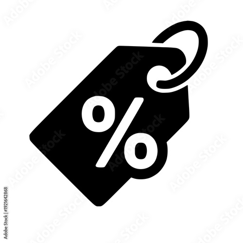 Black and white icon depicting a sale or discount percentage tag with a price slash