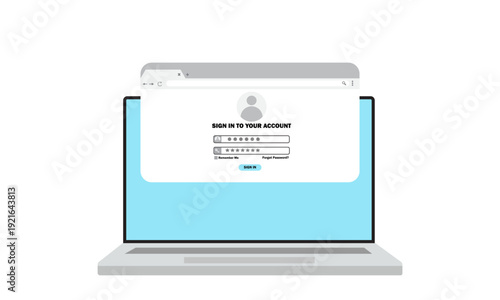 Login form on laptop screen. Laptop with login and password page. Username and password fields. User authorization on web browser window on computer.