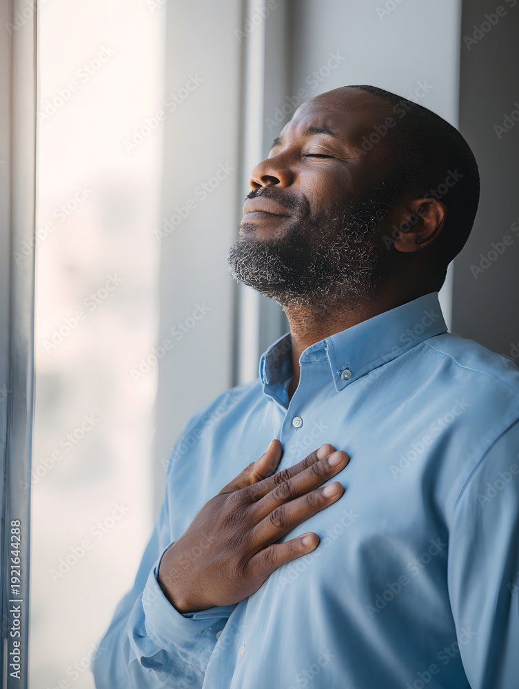 Fototapeta premium Man taking mindful breath with hand on chest near window, calm relief and mental health micro break
