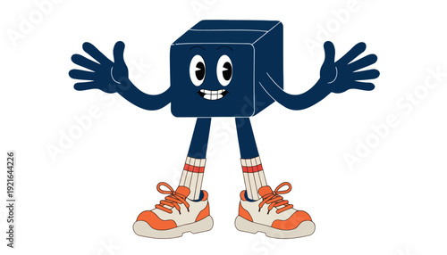 Friendly cartoon cube character with open arms and happy face