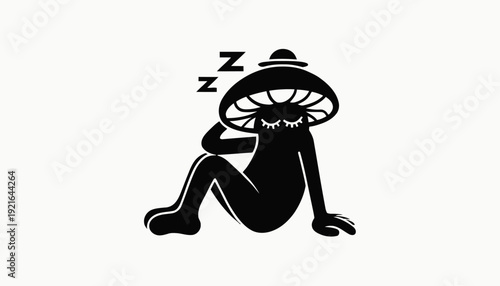 Sleepy mushroom character in black silhouette relaxing