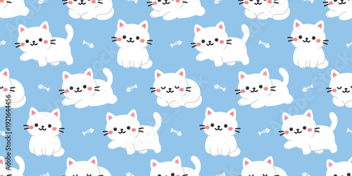 Seamless pattern of cute white cat with fish bone, vector illustration