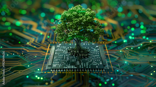 Green tree growing from computer chip on circuit board