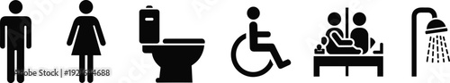 Facility icons set, restroom, toilet, accessibility, wheelchair, hospital care, shower, male female symbols, healthcare, hygiene, public services