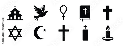 Christianity icon set, featuring religious symbols of faith, including crosses, doves, Bibles, and other sacred vector illustrations.