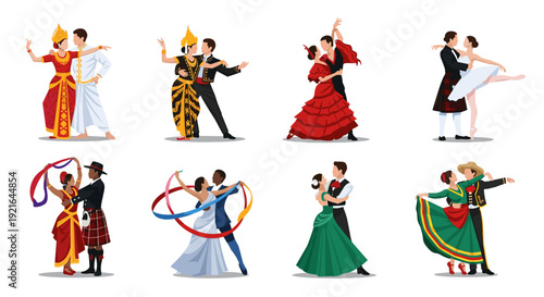 Diverse cultural couples performing traditional and classical dances