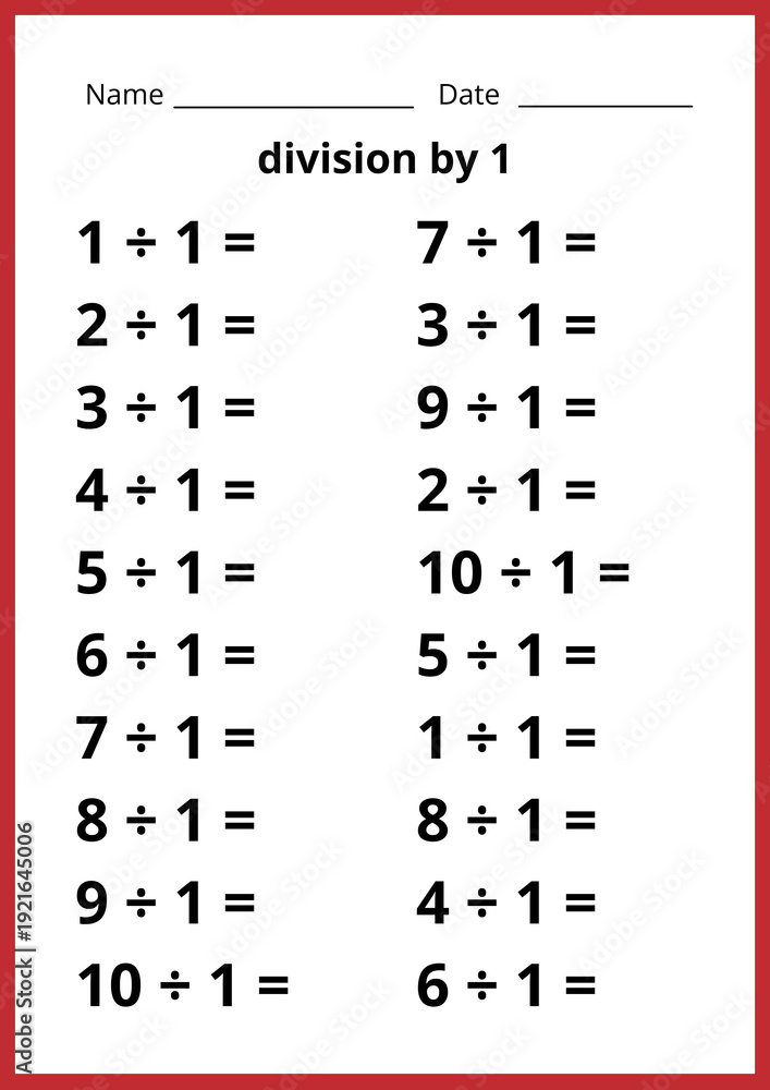 Naklejka premium Math worksheet for children, learning the multiplication, division by one table, test, homework. 