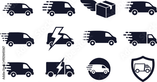 Fast delivery service icon set with van, truck, shipping box, bolt, shield, and motion lines for logistics and express courier branding.
