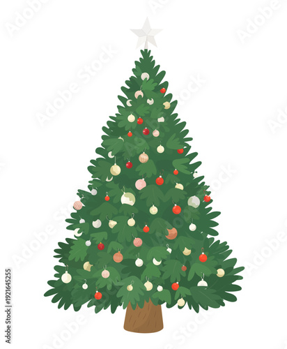 Cartoon Christmas tree with garland, toys and balls. Vector hand drawn Christmas tree character illustration isolated on white background. Merry Christmas and happy New year.