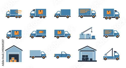 Collection of delivery trucks and warehouses in flat design style.