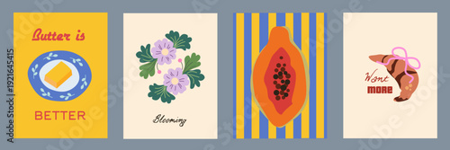 Summer Italy la dolce vita vintage posters. Amalfi or Sicily of postage stamps with image of Italian Mediterranean butter, papaya, flower, croissant decor. Vector illustration  doodle sketch style.