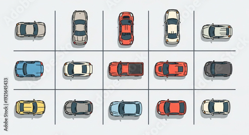 Collection of colorful toy cars arranged in a grid pattern.