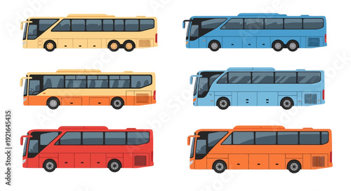 Collection of colorful modern passenger buses isolated on white background.