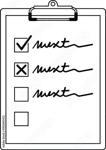 Clipboard checklist with four must items, progress tracking marks showing completion, rejection, and pending tasks for organization and productivity