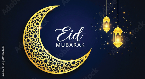 An elegant golden crescent moon with eid mubarak text and hanging lanterns on a dark blue background.