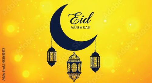 Eid mubarak greeting card design featuring a dark blue crescent moon and three hanging ornate lanterns against a vibrant, glowing yellow and orange background.
