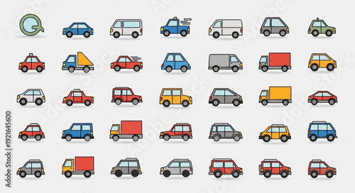 Collection of colorful cartoon vehicle icons on a light background.