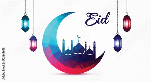 A colorful crescent moon with mosque silhouette and hanging lanterns for eid celebration.