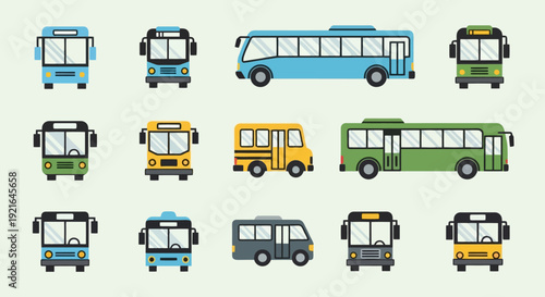 Collection of colorful cartoon buses and vans.