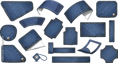 Denim Jeans Fabric Labels and Patches Set with Stitching, Leather Tags, Seam Details and Textile Badges for Fashion Branding and Clothing Design