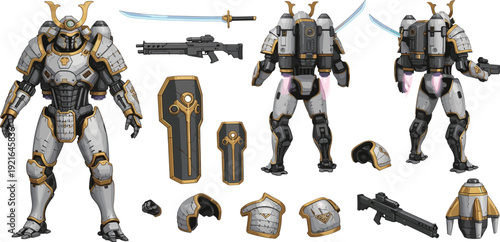Futuristic Samurai Power Armor Character Kit with Weapons, Helmet Variations, Shield and Jetpack for Game Design and Concept Art.