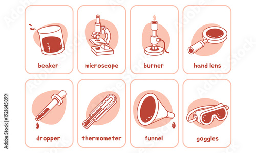 Educational science equipment icons set including beaker microscope burner hand lens dropper thermometer funnel