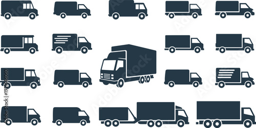 Fast, delivery, truck, icons, set, logistics, shipping, transportation, freight, industry, commercial, vehicle, silhouettes, cargo, transport, distribution, service, moving, fleet, collection.
