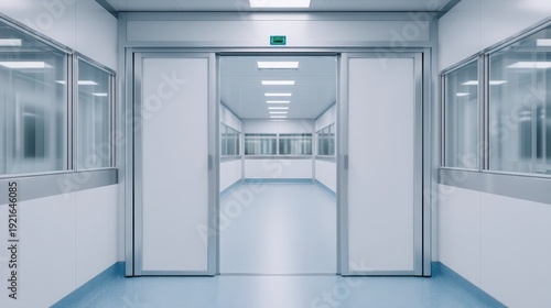 Hospital reception area, A clean, modern, and well-lit hospital corridor with sliding doors and reflective surfaces creating a sterile environment.