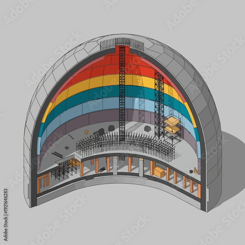 Cross section of a modern concert hall with layered seating and advanced stage technology.