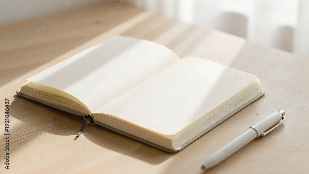 Fototapeta premium An open book and pen on a wooden desk in a bright room