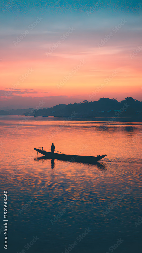 Fototapeta premium Solitary fisherman boat river sunrise calm reflection orange blue sky silhouette