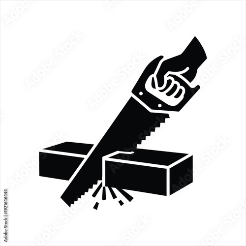 Cutting Edge: A hand firmly grips a saw, slicing through a wooden block, symbolizing precision and craftsmanship in carpentry and construction.