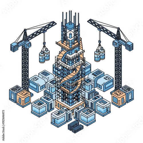 Isometric illustration of a construction site with cranes and shipping containers.