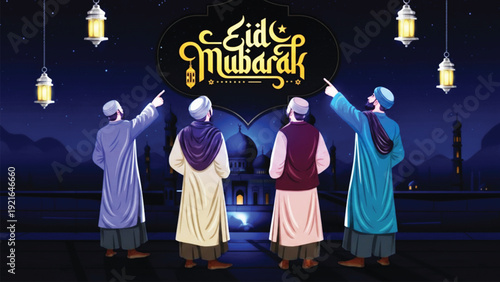 Four muslim men looking up at eid mubarak calligraphy against a dark night sky with hanging lanterns, celebrating eid alfitr or eid aladha on deep blue background.