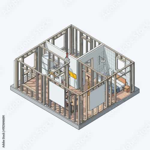 3D rendering of a building under construction with exposed wooden frame and internal infrastructure.