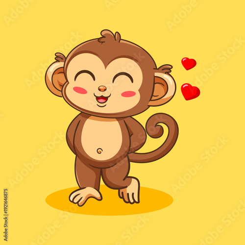 Cute Shy Monkey with Hearts Vector Illustration Cartoon Design Kawaii