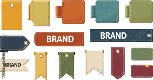 Leather label and tag collection with stitched brand patches and vintage badge shapes for fashion branding vector illustration set.