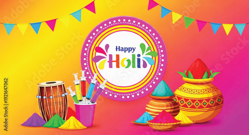 A vibrant illustration celebrating the hindu festival of holi with traditional elements like a dhol, colored powders gulal, and decorative pots against a colorful gradient background.