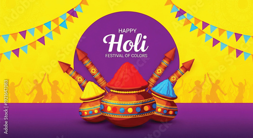 A vibrant illustration for happy holi festival featuring traditional clay pots matkas filled with colored powders gulal against a festive yellow and purple background.