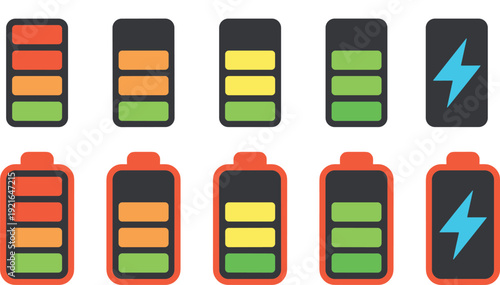Battery charge level icons set, colorful energy indicator symbols with lightning bolt, flat vector illustration isolated on white background