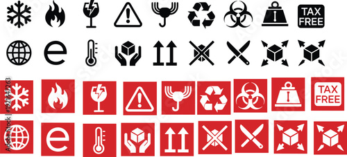 Hazard and packaging warning icons set, safety symbols collection with recycling, fragile, flammable, biohazard signs, flat vector illustration isolated background