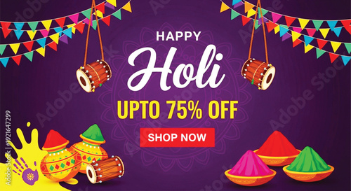 Happy holi festival sale banner with colorful powders, drums, and bunting flags on purple background.