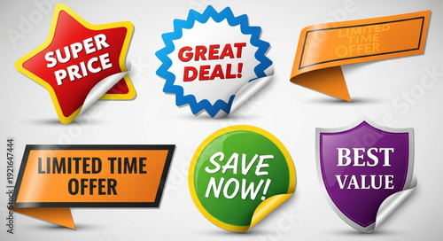 Collection of Sale and Discount Stickers and Labels.