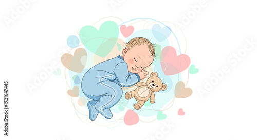 Cute newborn baby boy sleeping peacefully with teddy bear and hearts